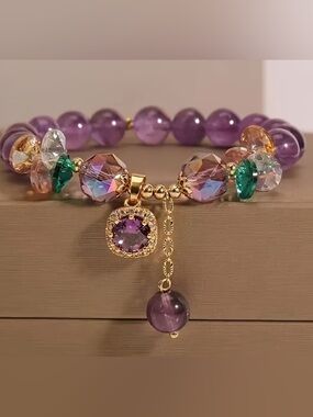 Purple Amethyst Bead Bracelet with Gold Accents and Multi Crystal Charms